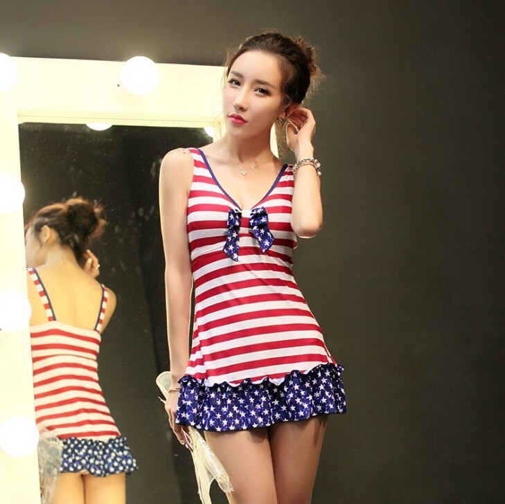 Navy striped slimming and belly covering short swimsuit, sexy bikini women's one-piece skirt style designer swimwear