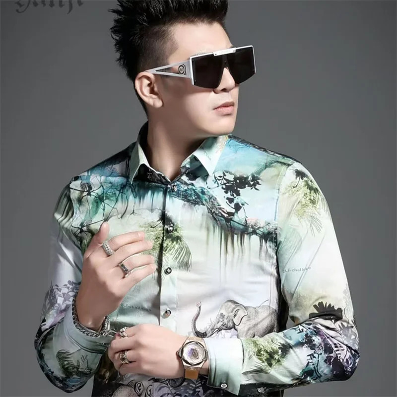 Y2K Men Fashion Printed Vintage Shirt Spring Hawaiian Mens Long Sleeve Casual Beach Shirts Man Tops Chemises Hommes 250226