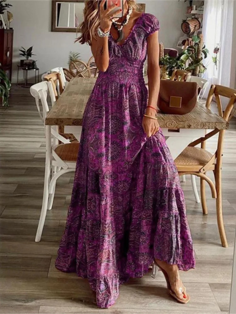 Womens Summer Ethnic Style Printed Dress Short-sleeved Waist Dress Fashionable Floral Petal Sleeves Large Hem A-line Dress 250225