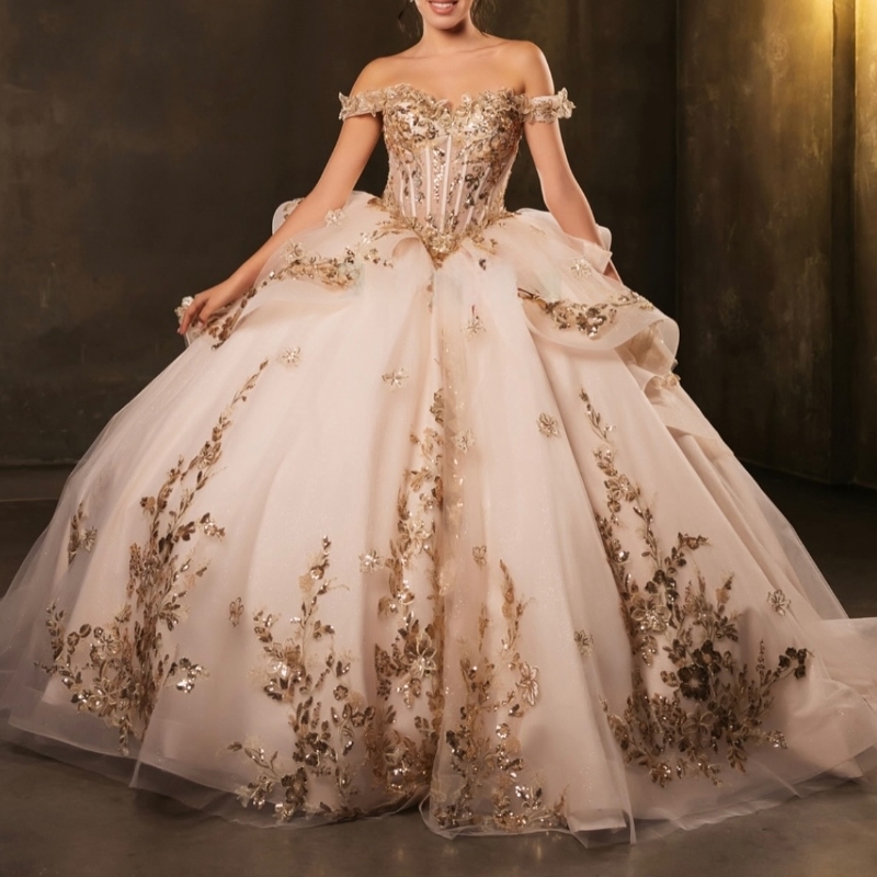 Champagne Shiny Quinceanera Dresses Ball Gown Off The Shoulder Sequin Applique Lace Beading Crystal Tull Party Birthday Sweet 16 Dress Vestidos 15 De 