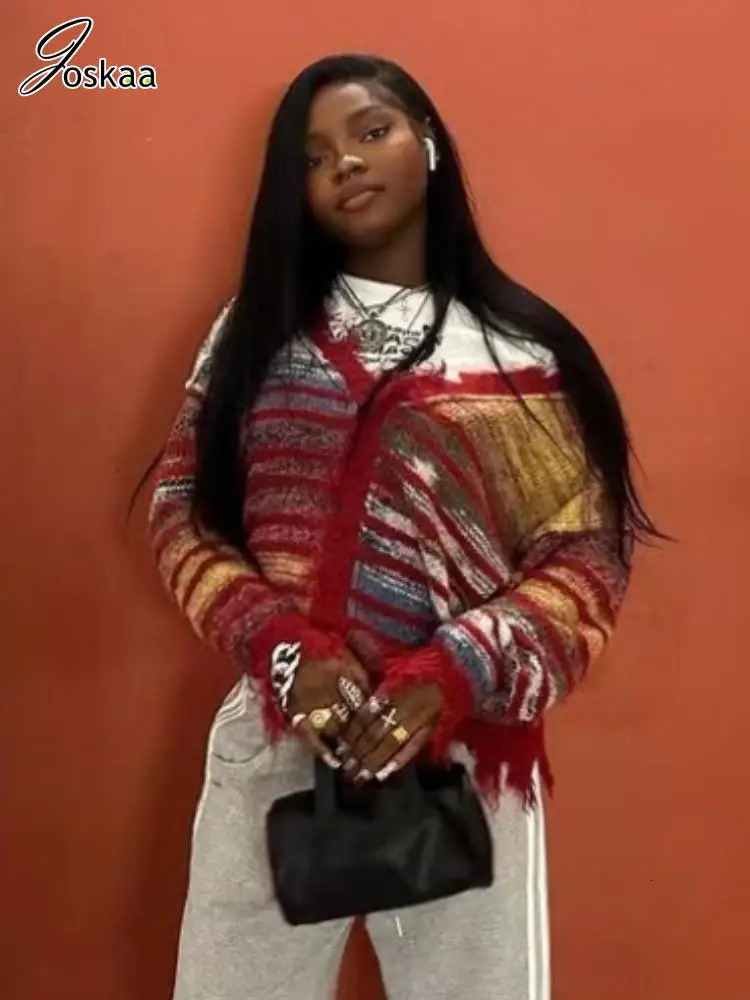 Joskaa Colorful Striped Oversized Knitted Cardigan Women Hipster V-Neck Full Sleeve Button Sweater Coat Outerwear Y2K Streetwear 250225