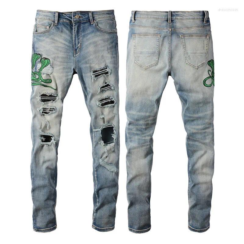 Men's Jeans Light Blue Embroidered Snake Patchwork High Street Stretch Distressed Slim Fit Ripped Men