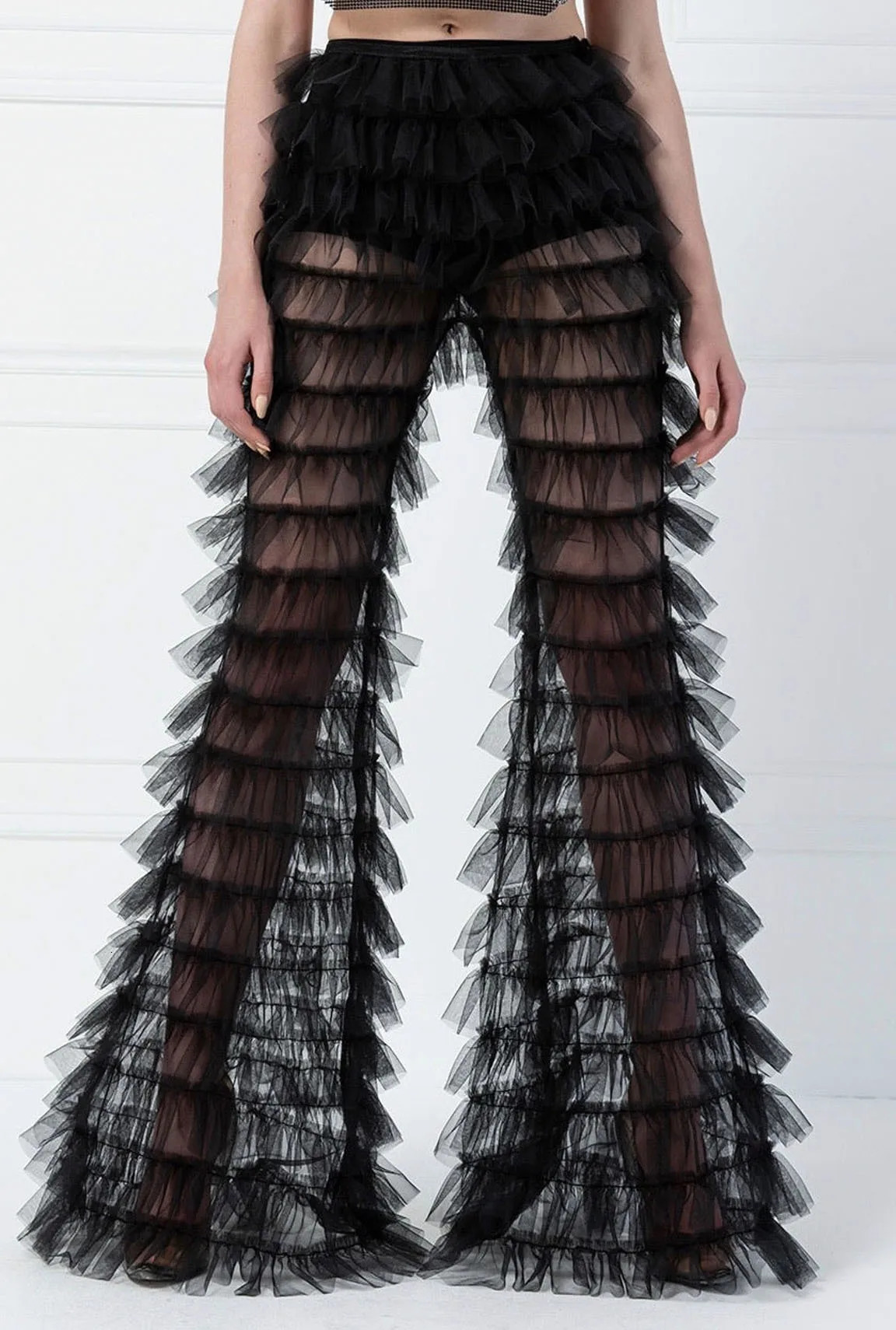 BKLD Solid Color Spring Summer Perspective Layered Mesh Flare Pants Womans Clothing Sexy Pants Trousers Clubwear 250225