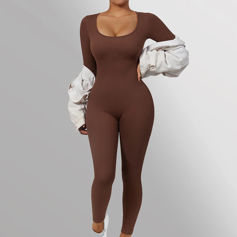 Long sleeved jumpsuit womens tight fitting one-piece jumpsuit square neck casual streetwear jumpsuit 250224