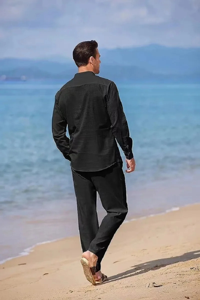Sky Blue White Black Sports Suit Mens Beach Casual Linen Loose Long-sleeved Shirt Trousers Workwear Two-piece Male Set 250222