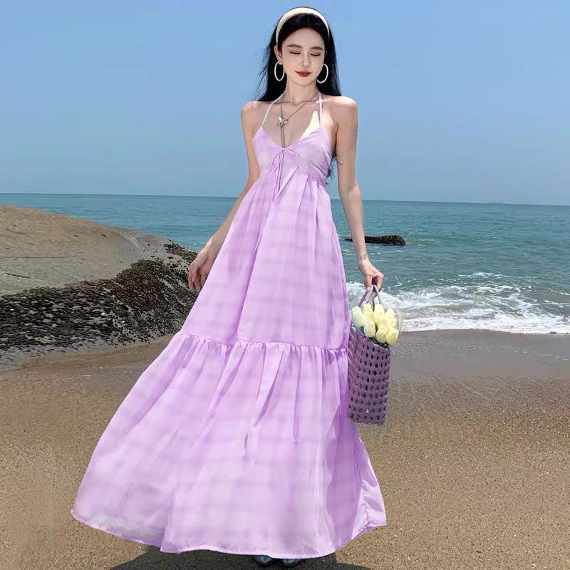 D230 Bamine wears a seaside holiday dress atmosphere hot girl sexy backless Sanya slim beach dress