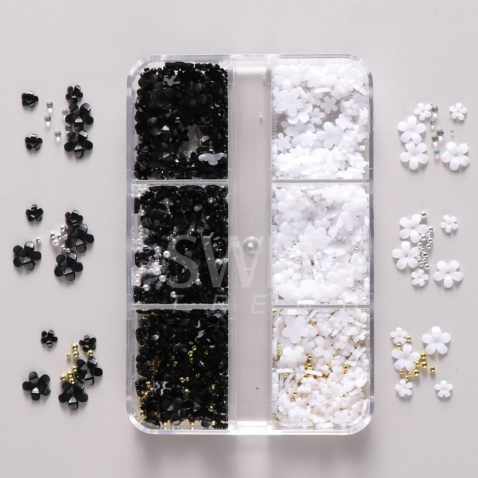 6 Grids Nail Art Decoration Pink White Acrylic Flower Charms with Beads Gem DIY Parts for Accessories Tool SASZCT156 250217