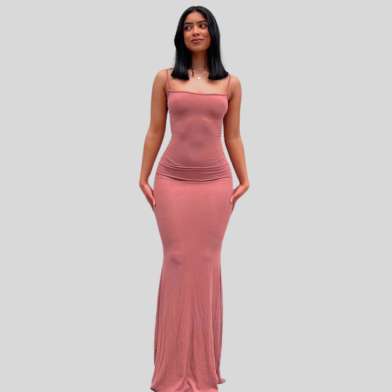 New women's Kardashian skims solid color sexy slim peach hip suspender summer dress