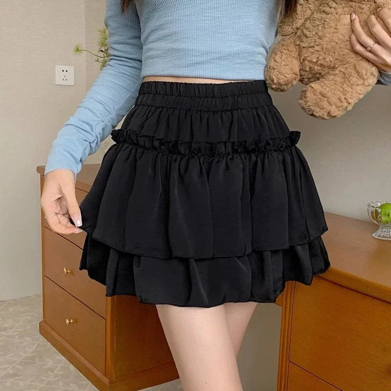 Summer Kawaii White Ruflles Skirt Women Fashion Slim Fit Mini Skirts Giris Y2k All Match Elastic High Waist Black Faldas 250226