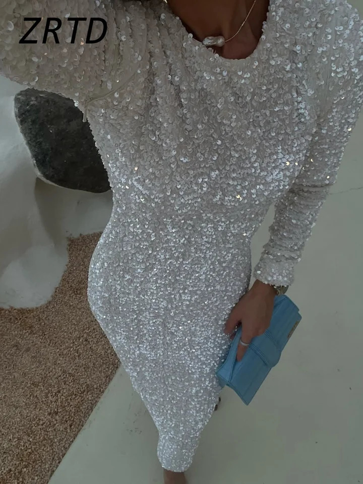 Elegant Sequined Long Party Dress Women Slim O-neck Detachable Full Sleeve Female Dresses Lady Solid Shining Evening Robe 250225