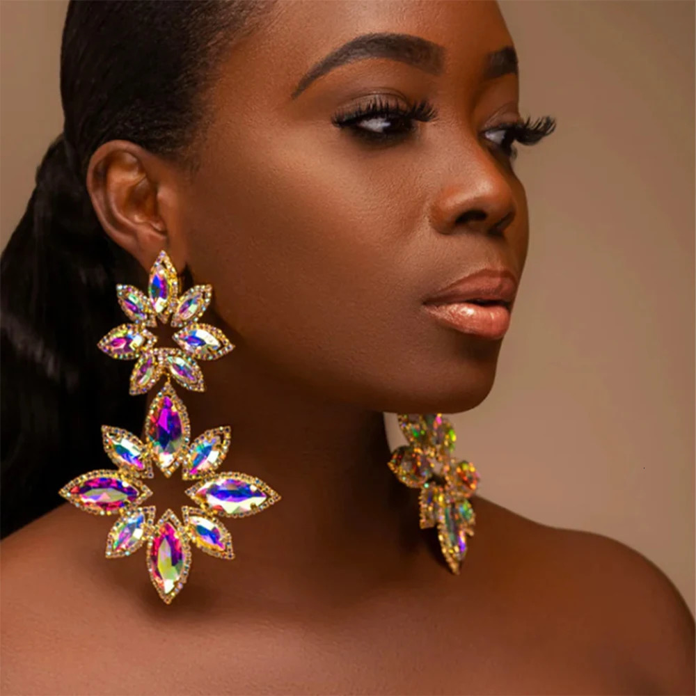 Pageant Statement Jewelry Silver Gold Color Long Big AB Crystal Rhinestone Flower Dangle Chandelier Earrings for Women 250225