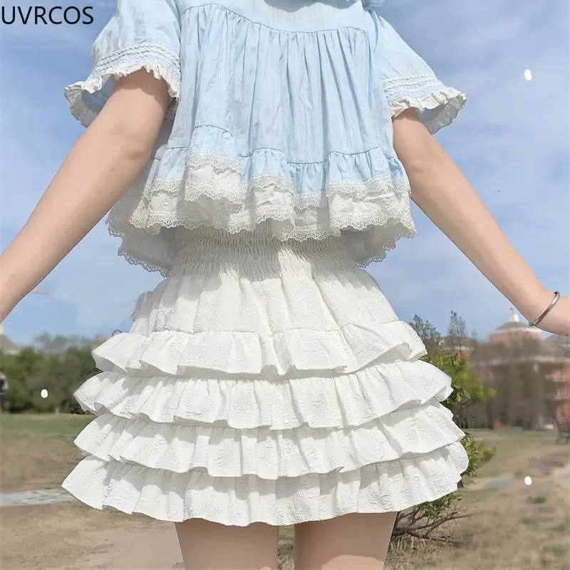 Japanese Style Kawaii Lolita Mini Skirt Women Gothic High Waist Ruffle Tiered Skirts Sweet y Summer Harajuku Y2k Short Skirt 250225