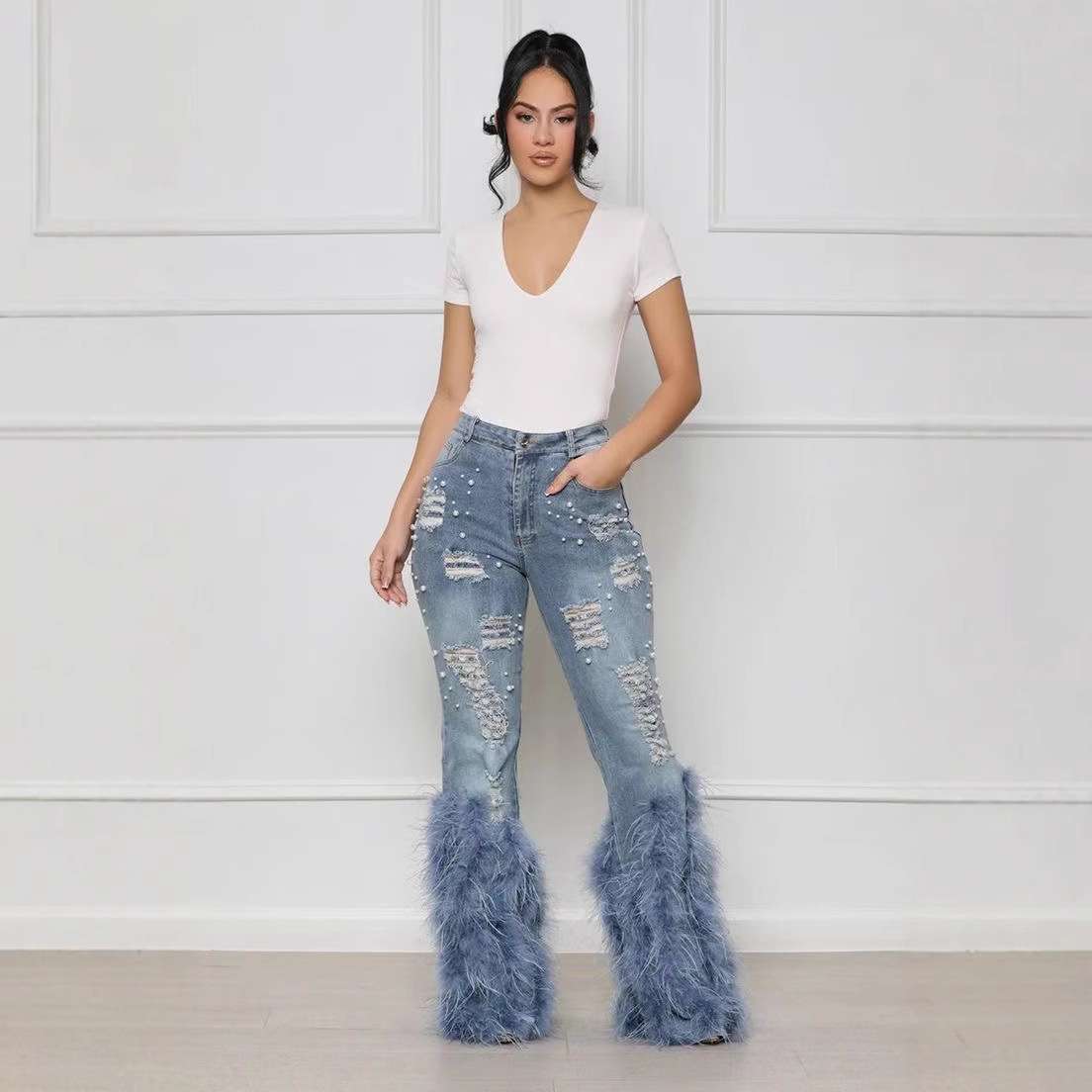 D8711 New Fashionable Casual Jeans with Nail Beads and Long Hairy Jeans 201105