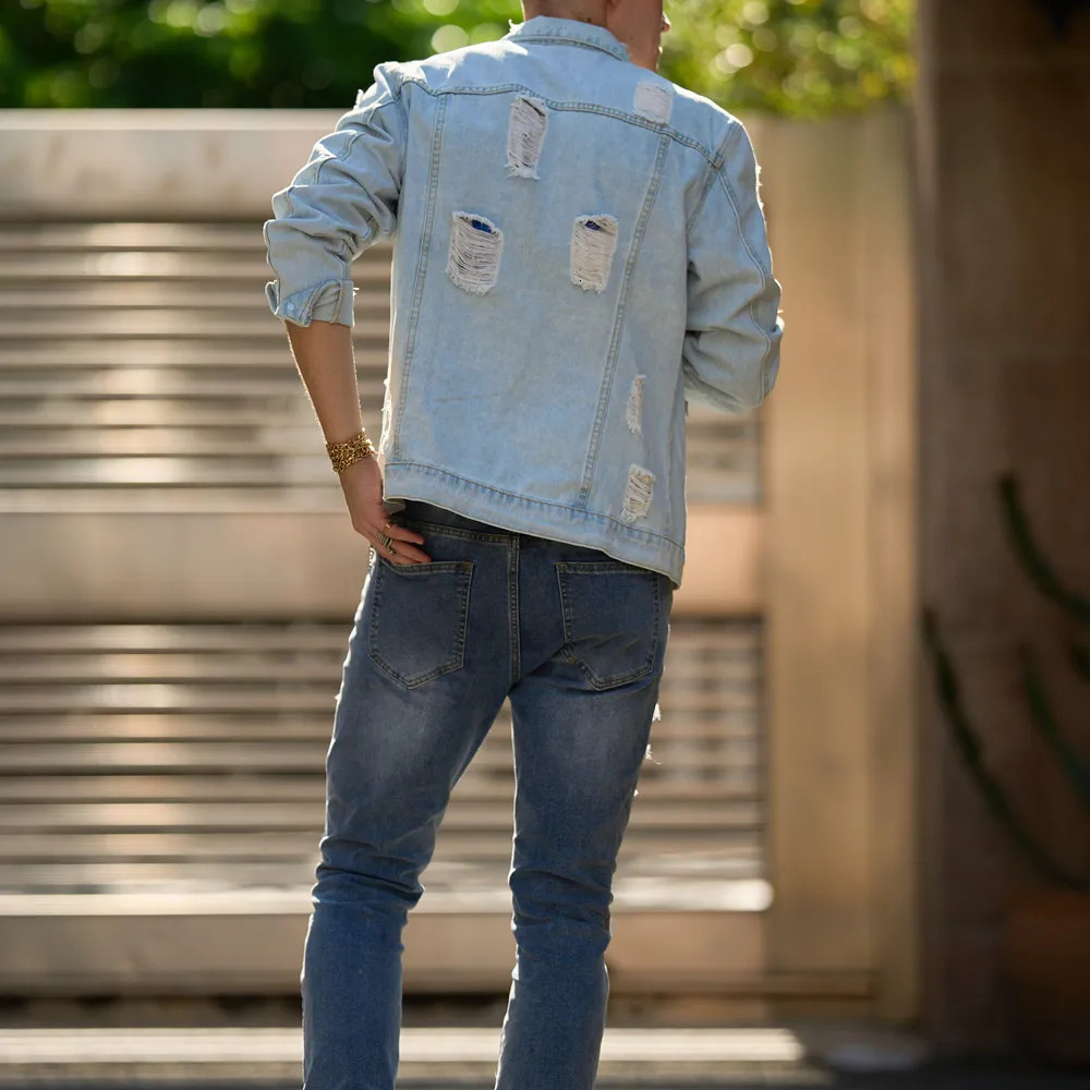 Streetwear Men Ripped Solid Slim Denim Jacket High Quality Male Holes Motorcycle Casual Denim Jacket Coat 250225