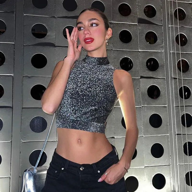 WhereMery Sexy Women Backless Tank Top Y2K Bling Glitter Sleeveless Bandage Crop Tops Summer Fashion Streetwear Skinny Vest 250225