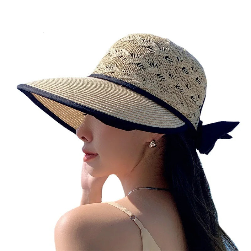 Women Ponytail Straw Sun Hat Wide Brim Visor Summer Adjustable Cap Sun Beach Foldable Hats 250218