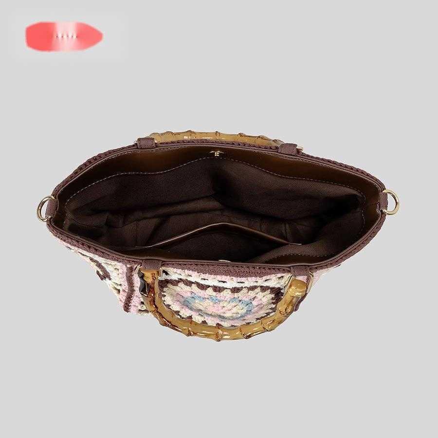 Grandmother Bohemian handbag handmade crochet flower bamboo handle handbag ethnic style single shoulder crossbody bag 250215