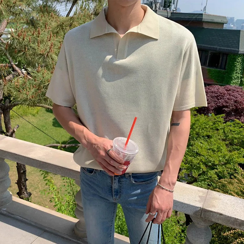 Mens Light Leisure Solid Color V-Neck Knitted Polo Shirt Short Sleeve T-Shirt for Men Breathable Fashion Knitwear 250225