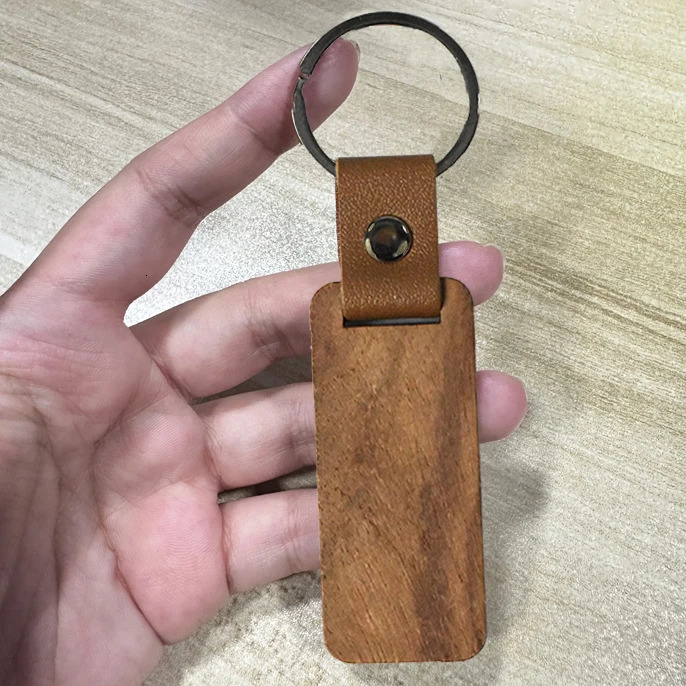 100Pcs Blank Wood Keychains PU Leather Keychain Rectangular Wood Key Chain 250221