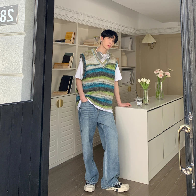 Sweater Vest Casual Loose Vneck Striped Spring Autumn Tie Dye Fashion Retro Soft Japanese Style Unisex Daily Knitting Youthful 250225