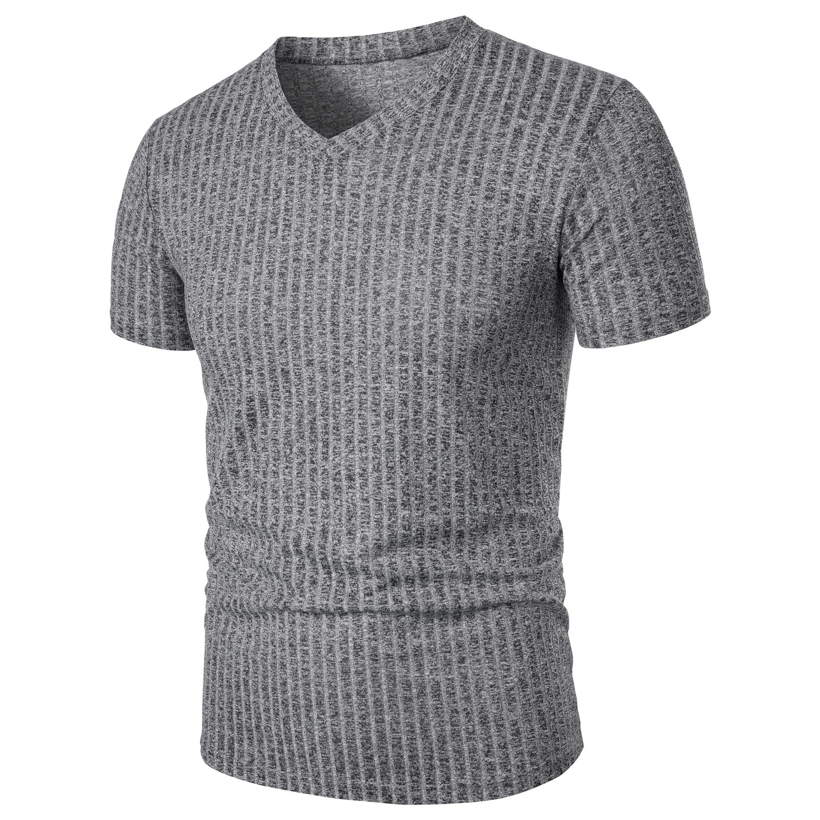 Mens running sports fitness wear summer high stretch vertical strip short sleeve V-neck slim knit base shirt 250225