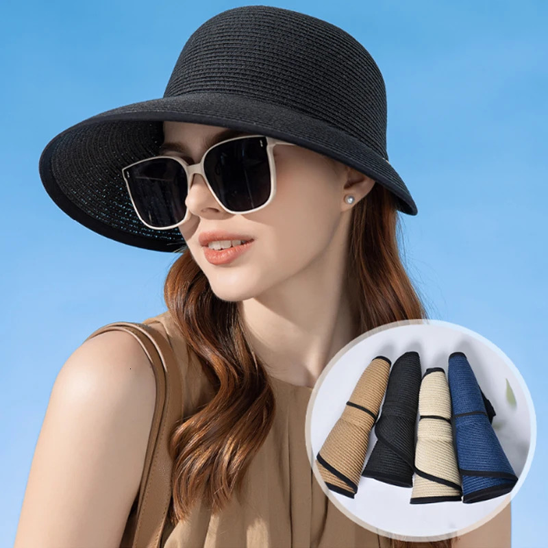Summer Empty Top Straw Hat for Women Large Brim Uv Protection Sunscreen Sun Hat Foldable Roll Up Visors Outdoor Travel Beach Cap 250218