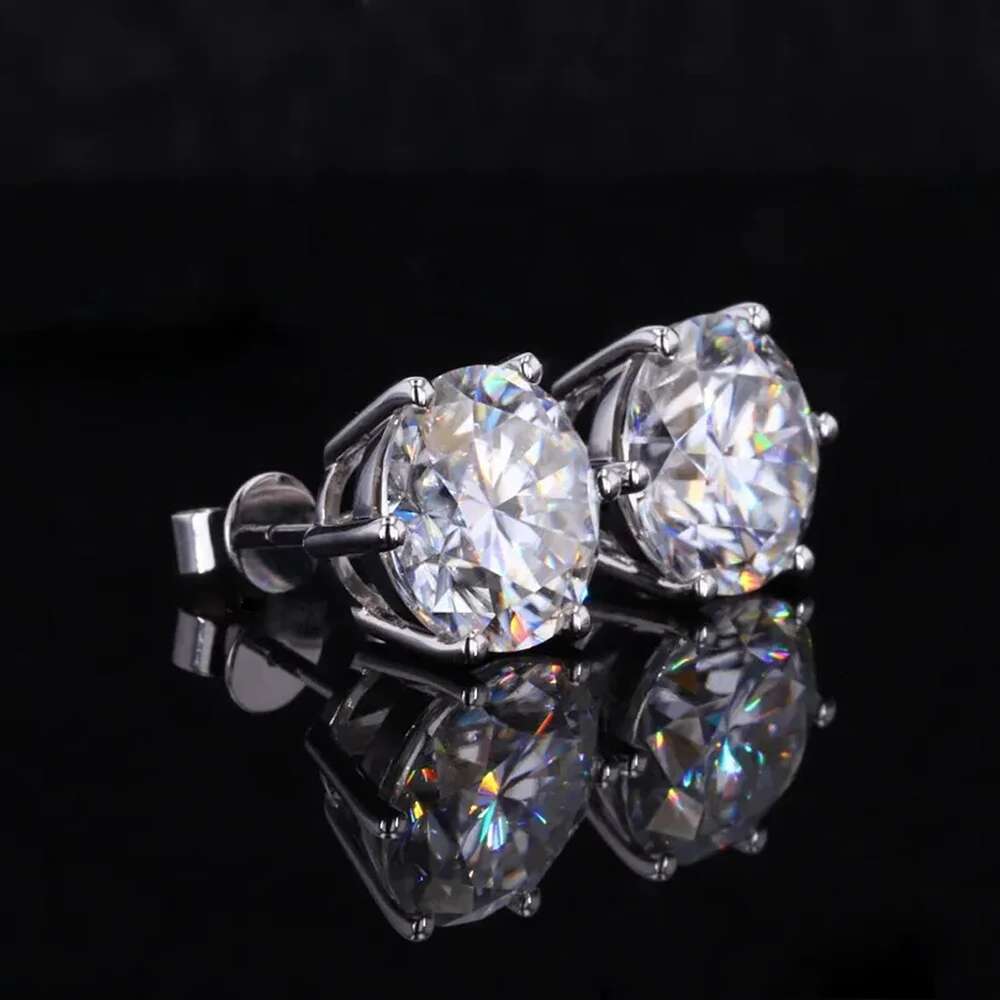 0.5-3ct Round Brilliant Cut Moissanite Solitaire Dia Stud Earrings 6-Prong Set Sier Plated Gold Ear Studs with GRA