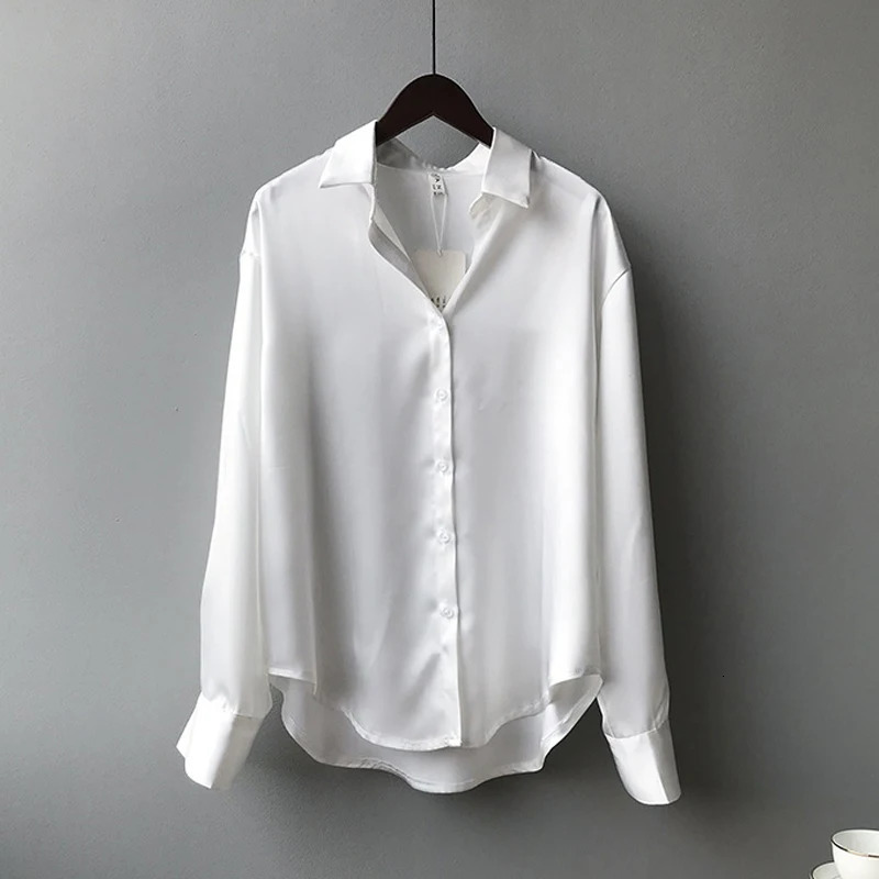 Spring Fashion Button Up Satin Silk Shirt Vintage Blouse Women White Tops Lady Long Sleeves Female Loose Street Shirts 11355 250226