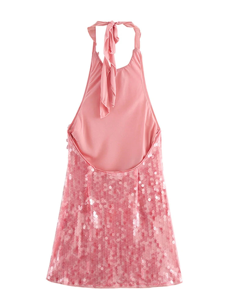Sexy Sequin Mini Dress Women Loose Fashion Backless Halter A Line Robe Female Party Evening Chic Lace Up Sleeveless Dresses 250225