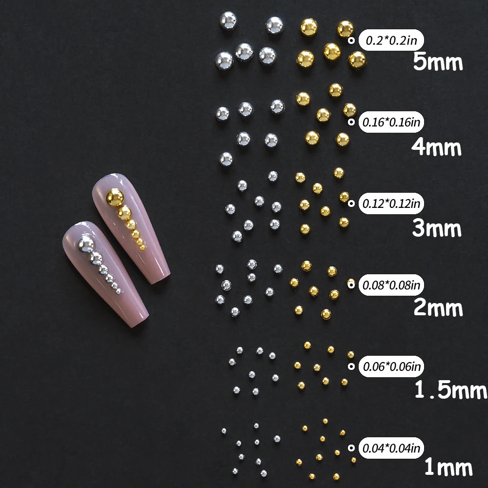 12Gridbox Gold Silver Half Round Caviar Bead Nail Charms 1235mm Flatback Steel Micro Ball Manicure 250217