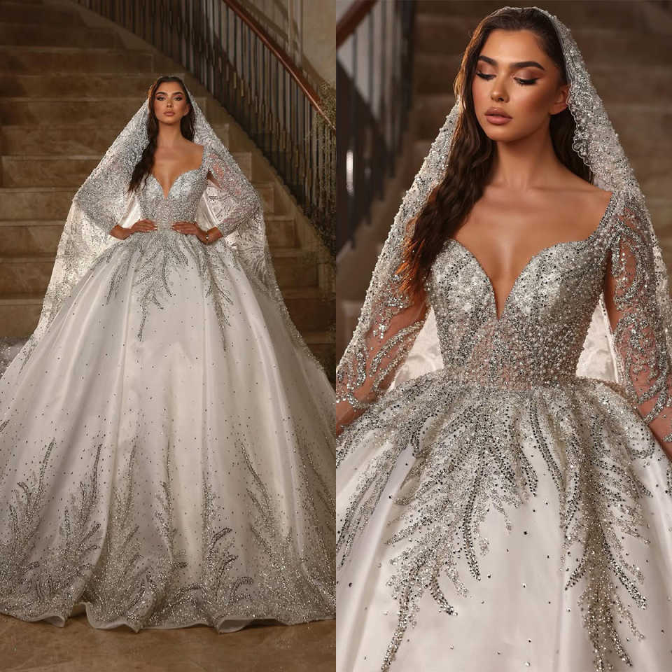 Exquisite V Neck Wedding Dress Ball Gown Custom Made Luxury Beading Sequins Lace Long Sleeve Church Bridal Dresses
