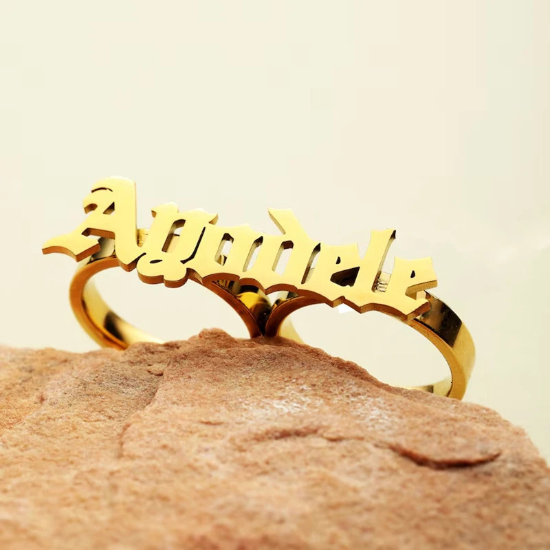 Stainless Steel Name Ring for Men Personalized Large 2 Finger Ring Knuckle Fashion Gold Double Finger Ring Women Couple Gift 250225
