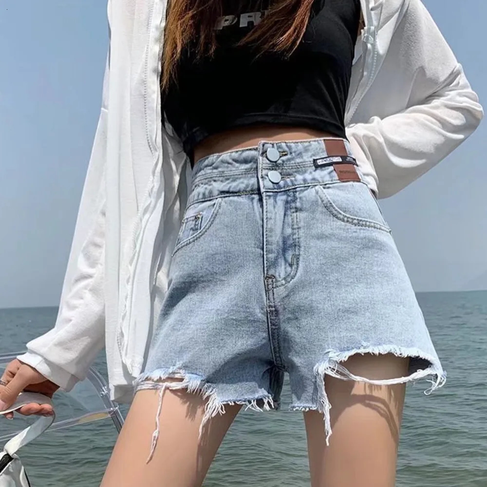 Feynzz Fashion Summer Women High Waist Button Wigh Leg Jeans Shorts Casual Female Loose Fit Blue Denim Shorts 250226