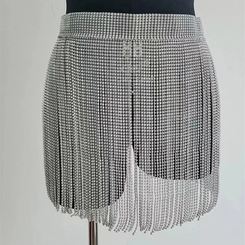 Summer Glitter Festival Sexy Rhinestone Tassel Skirt Handmade Women High Waist Nightclub Party Mini Skirts For Lady Belt 250225