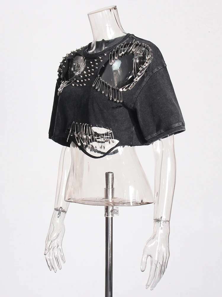 Solid Hollow Out Sexy T Shirts For Women Round Neck Short Sleeve Spliced Rivet Streetwear Designer Crop Top Female