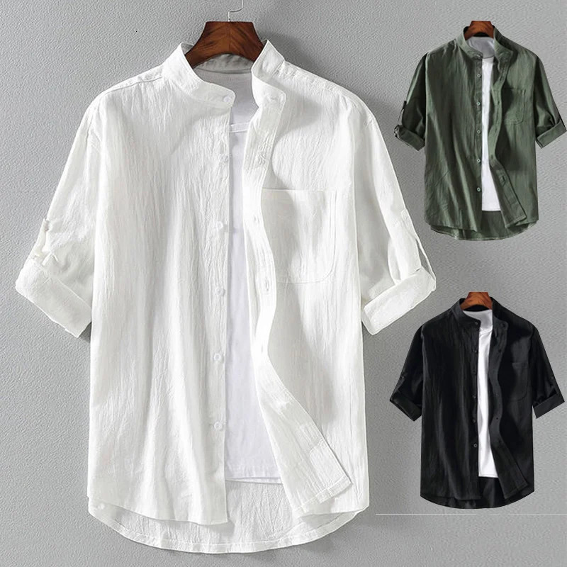 Spring and Summer Stand Collar Five-point Mid-sleeve Fashionable Mens Short-sleeved Shirt Seven-point Sleeve Large Size Mens 250226