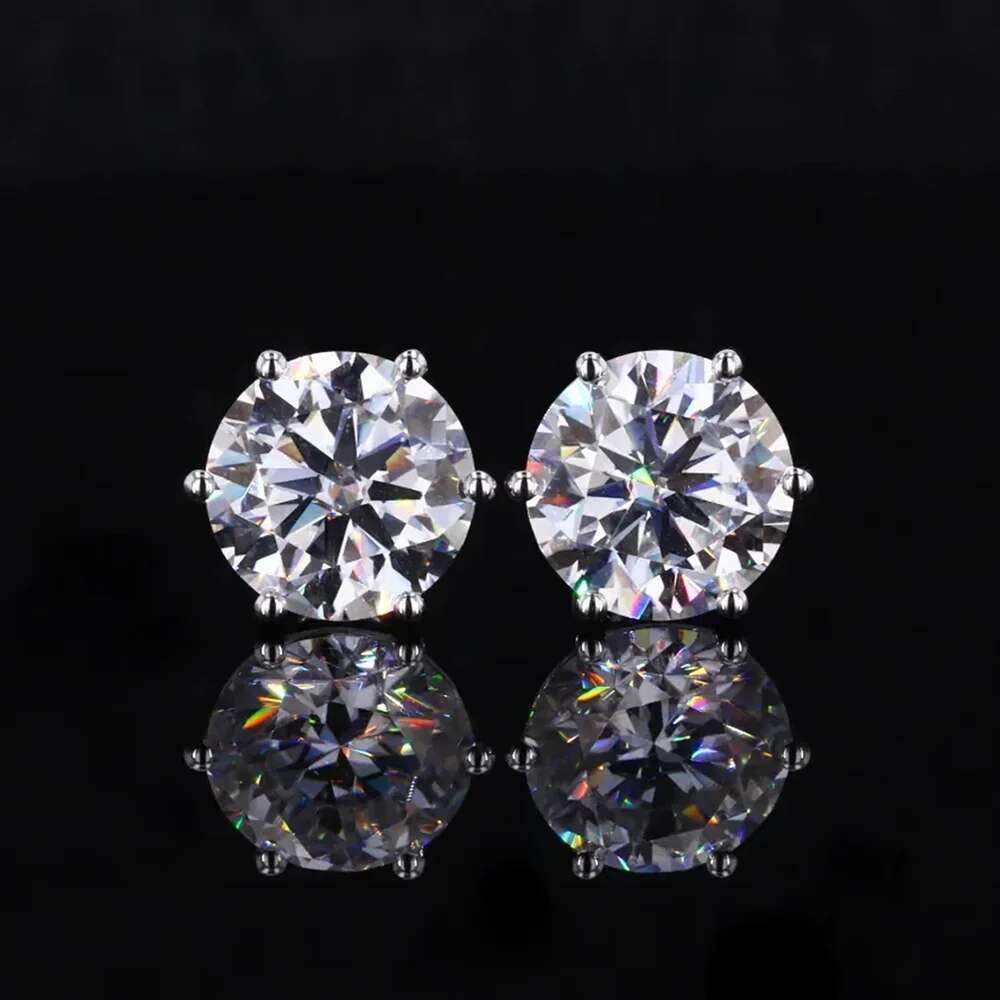 0.5-3ct Round Brilliant Cut Moissanite Solitaire Dia Stud Earrings 6-Prong Set Sier Plated Gold Ear Studs with GRA