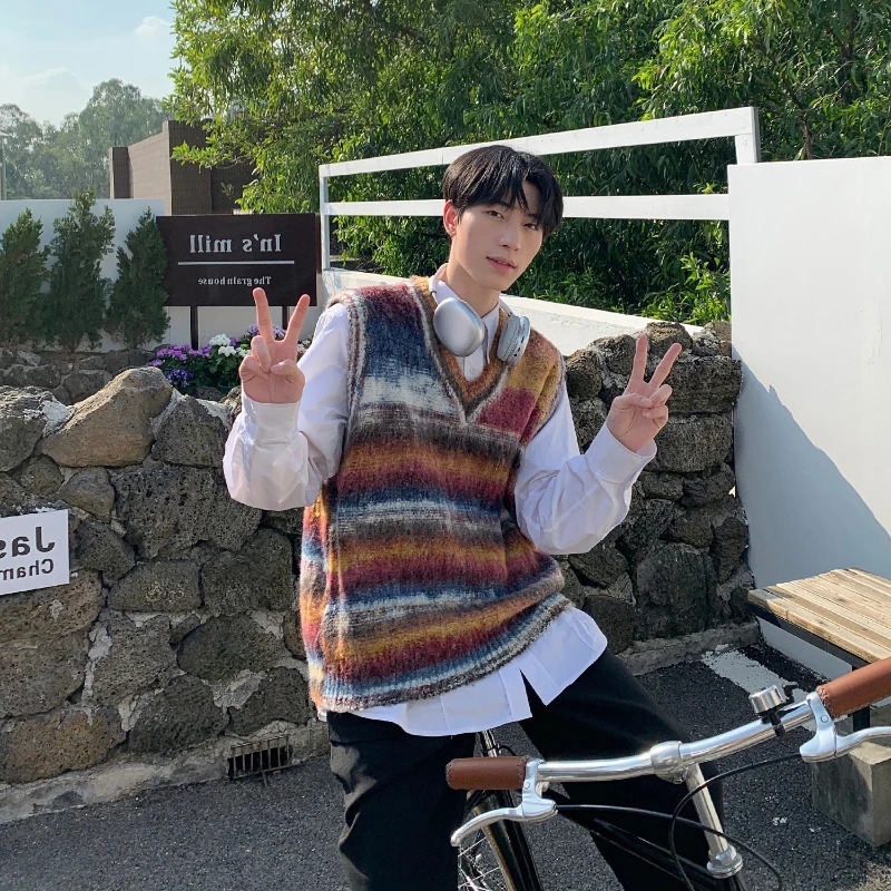 Sweater Vest Casual Loose Vneck Striped Spring Autumn Tie Dye Fashion Retro Soft Japanese Style Unisex Daily Knitting Youthful 250225