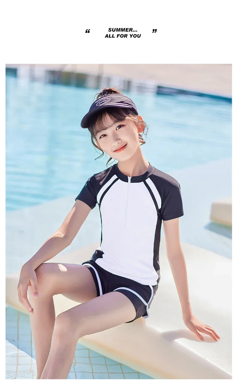 Double layered short sleeved girls swimsuit two-piece summer beachwear L-5XL childrens short sleeved girls swimsuit pink black 250225