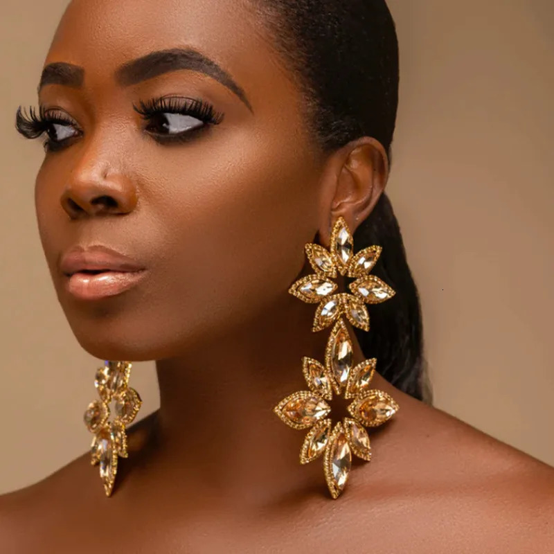 Pageant Statement Jewelry Silver Gold Color Long Big AB Crystal Rhinestone Flower Dangle Chandelier Earrings for Women 250225