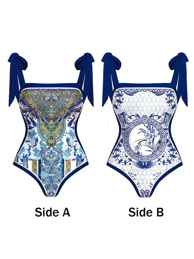 Vintage Swimsuit Bowknot Tie-shoulder One Piece Swimsuit Double-sided Beach Dress er Bathing Suit Summer Surf Wear 250225