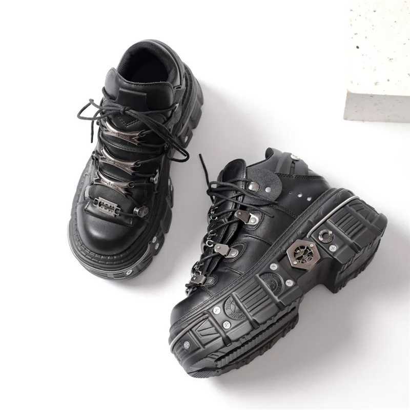 Fashion Women Punk Platform Shoes for Womans Lace-Up Round Toe Metal Decoration Thin Heels Sneakers Gothic Party Nightclub ShoeC250225
