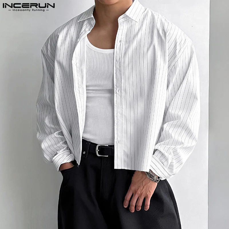 INCERUN Tops Korean Style Mens Casual Simple Striped Cropped Shirt Fashion Streetwear Male Selling Long Sleeved Blouse 250224