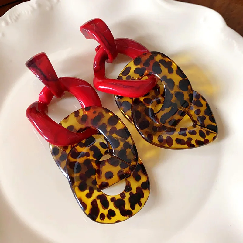 Acrylic Rhomboid Geometric Red Coffee Color Leopard-print Chain Long Dangle Earrings for Women Personality Retro Fashion Jewelry 250225