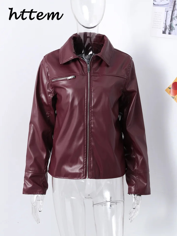 Street Womens Red Wine Leather Jacket Loose Lapel Zipper Long Sleeve Pockets Female Coat 2024 Autumn Lady Vintage Solid Outwear 250225