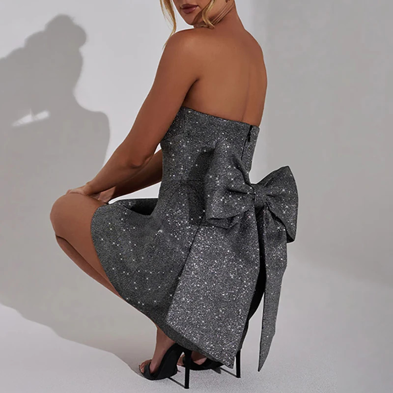Temperament Evening Dress Fashion Shiny Bowknot Strapless Mini Dress Sexy Backless Off Shoulder Slim A-line Party Short Dresses 250225