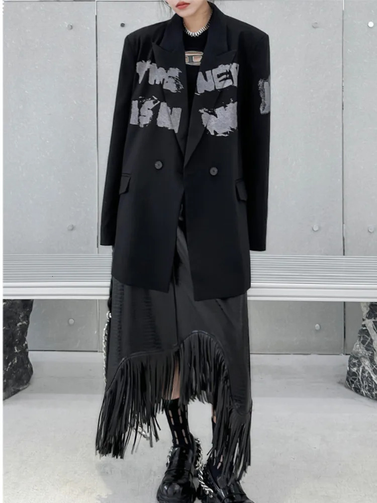 EWQ Elastic Waist Fringe Skirt Black Trendy Womens Clothing Elegant High Waist A-line leather Skirts Y2k 2025 summer GZ23 250225