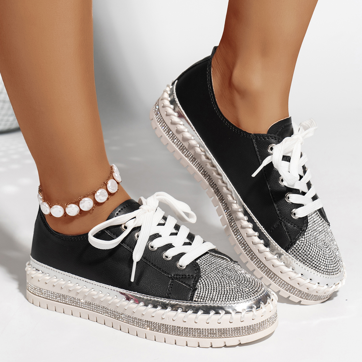 Fashion Women's Casual Shoes Rhinestone Sequin Ladies Flats Comfortable Platform Walking Sneakers Casual Rhinestones PU Walking Flats Thick Botto