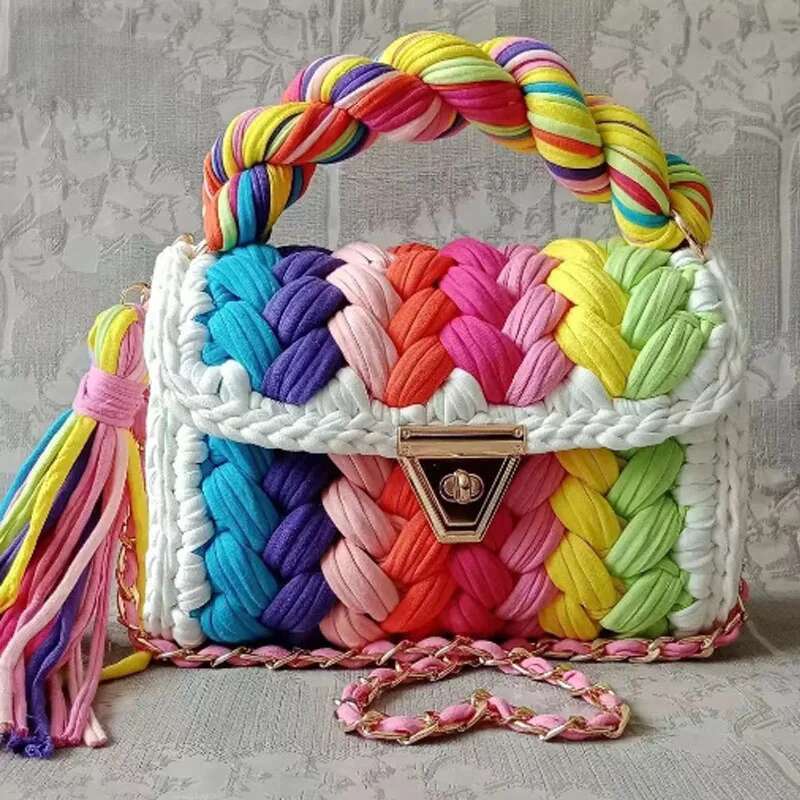 New Handmade Lady Shoulder Crochet Woven Bag Fabric Strip Designer Handbag Purses For bags handbags women Tote Bags