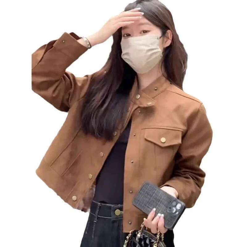 Maillardcoffee Color Women's Deer Veet Leather Jacket Autumn/Winter Sensibility Niche Petite Cropped Motorcycle Top